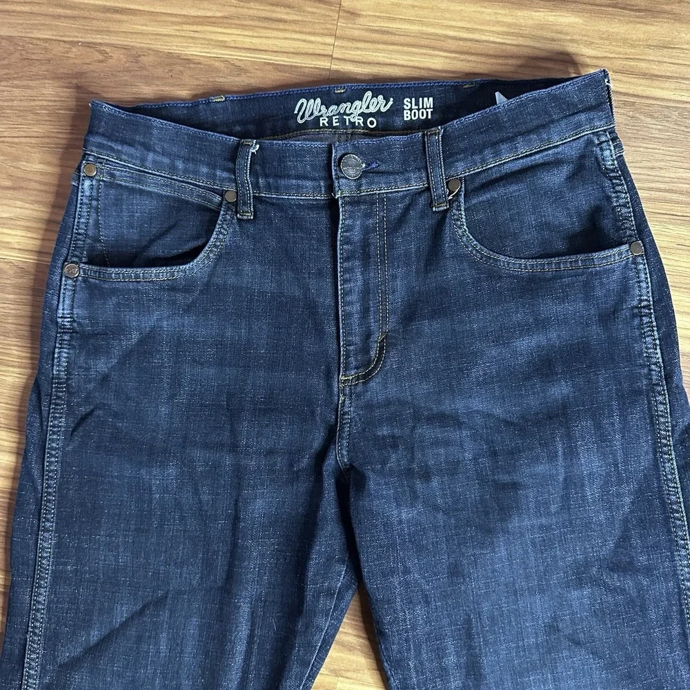 Wrangler Retro Jeans Mens 32x34 Dark Blue Denim Patch Slim Fit Bootcut 77MWZDX